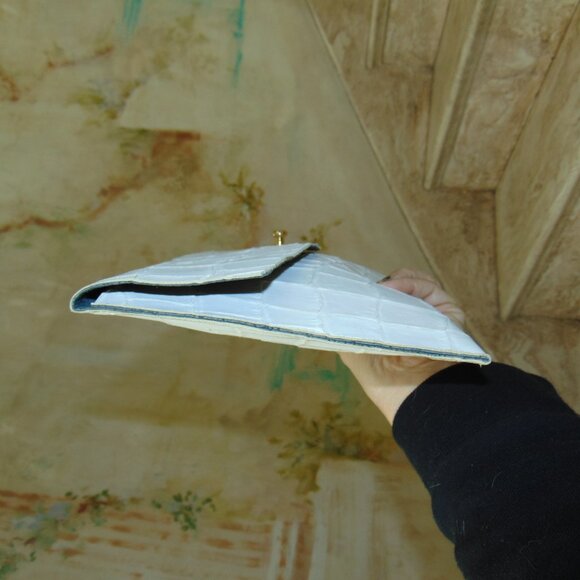 H " To Honor Them " Oversized White Leather Reptilian Croc Flap Envelope Clutch - Picture 6 of 10